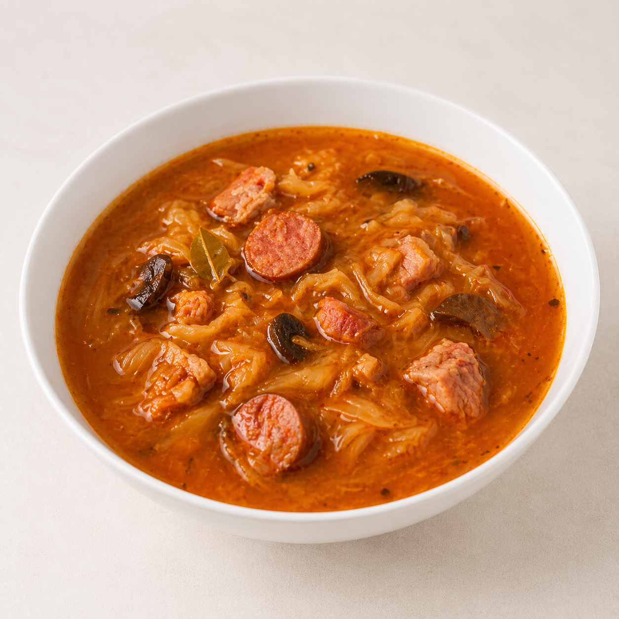 Domáca kapustnica s bravčovým a údeným mäsom, klobáskou a s hubami